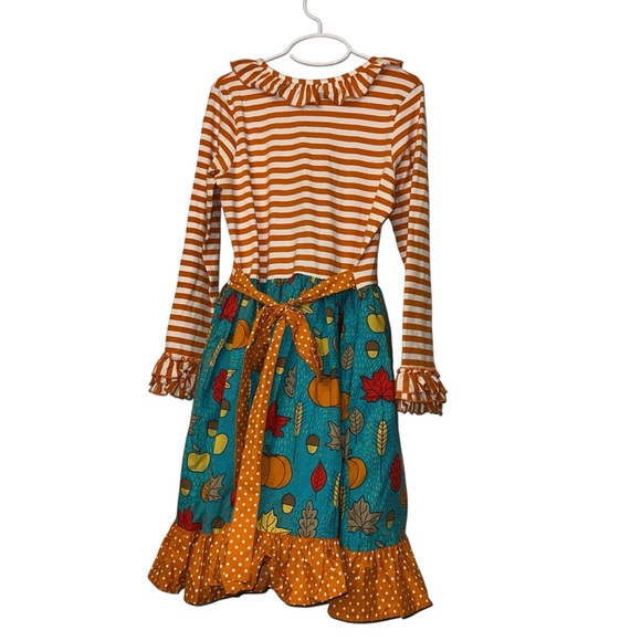 Eleanor Rose Orange and Teal striped fall leaf acorn print dress sz 8-10 - Picture 3 of 3